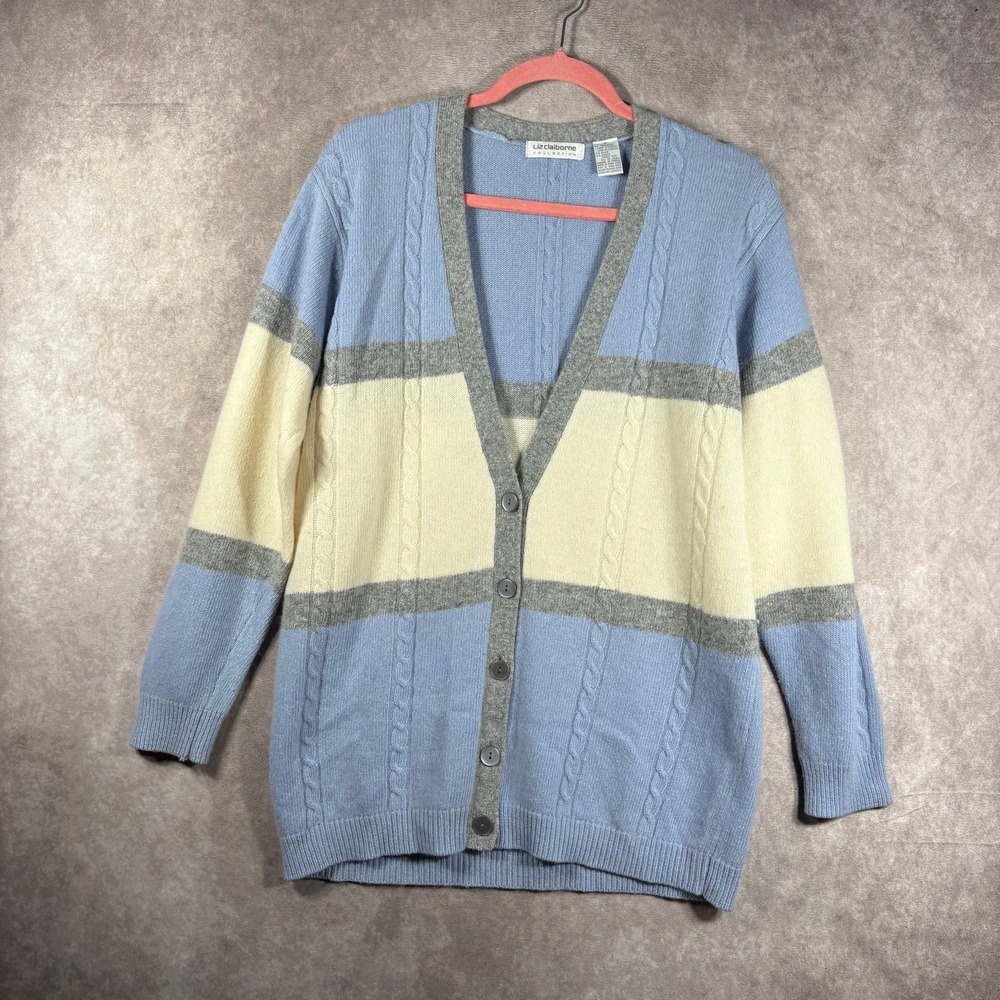 Liz Claiborne Cardigan Sweater Womens Small Blue Yellow Cable Knit Lambswool